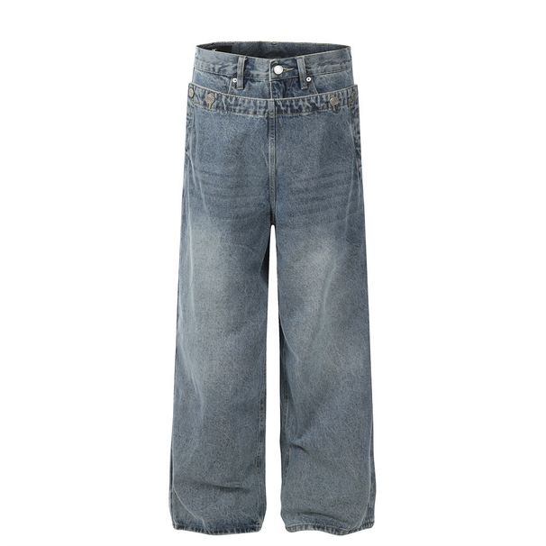 High Two-Piece Patchwork Jeans For Men Street Style Hip-Hop Loose Casual Cool Washed Straight Long Pants_viptrois.com