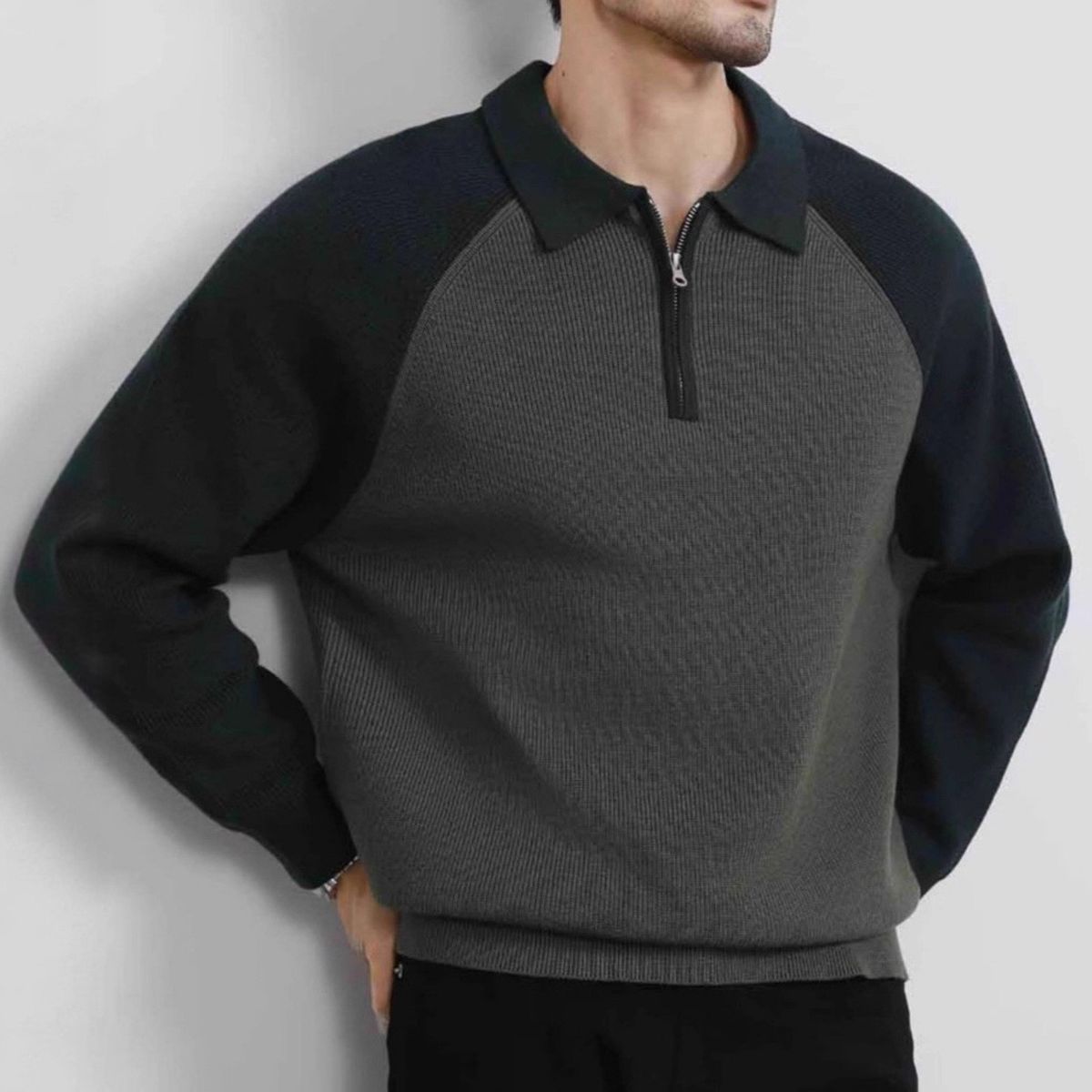 "Men's Contrast Collar Semi-Zip Polo Sweater – Oversized Knit Pullover With Raglan Sleeves, Machine Washable (5 Sizes, Green/Black/White)"_viptrois.com