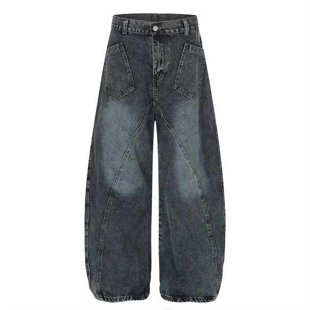 Curved Blade Wide-Leg Jeans Vintage Washed Punk Design Pocket Personality Loose Long Pants Men's Street Fashion_viptrois.com