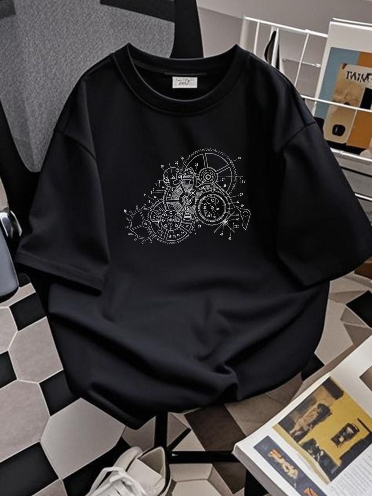 Wooden Clockwork T-Shirt Technology Science Engineer Mechanic Gear Clock Watch Designer Clothes Casual Soft Stretched Homme Versatile Unisex_viptrois.com