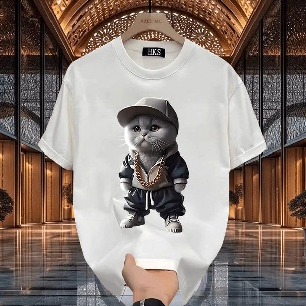 Men's Clothing Pure Cotton Heavy Short Sleeved T Shirt Fun Kitten Print Fashionable All Match Men's Tops_viptrois.com