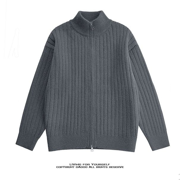 New Autumn Winter Stand Collar Ribbed Knit Sweater Men's Lazy Style Cardigan Loose Fit Base Layer_viptrois.com