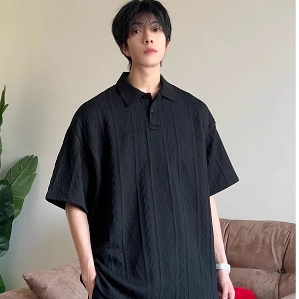 Men's Vintage Style Short Sleeve Polo Shirt Wheat Ear Pattern Jacquard Knit Loose Fit Summer Top Straight Shoulder T-Shirt_viptrois.com