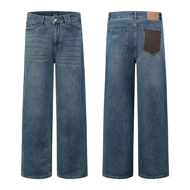 American Street Washed Denim Straight Men's Punk Design Color-Block Back Pocket Personality Loose Long Pants Trendy_viptrois.com
