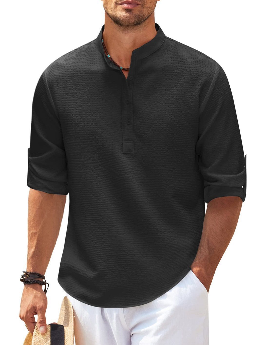 Men's Clothing Long Sleeved Shirt Stand Up Collar Half Button Shirt Pineapple Check Shirt_viptrois.com