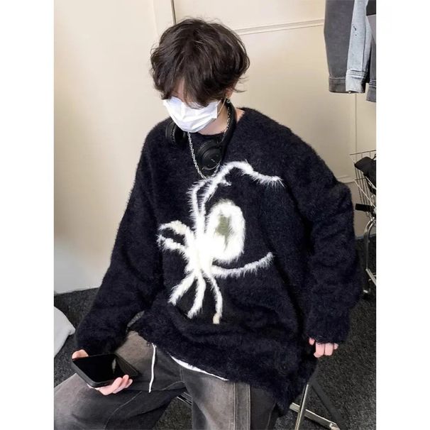 Spider Web Jacquard Sweater Men's Autumn And Winter Warm Round Neck Knitted Sweater Hoodie With Velvet_viptrois.com