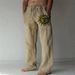 Men's Clothing Men's Independent Station New Youth Three Color Sunflower Hand Printed Cotton And Linen Loose Casual Drawstring Trousers_viptrois.com