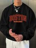 Men's Long Sleeved Round Neck Black T-shirt Top Loose Casual SweatshirtHerren BOSTON Print Sweatshirt_viptrois.com