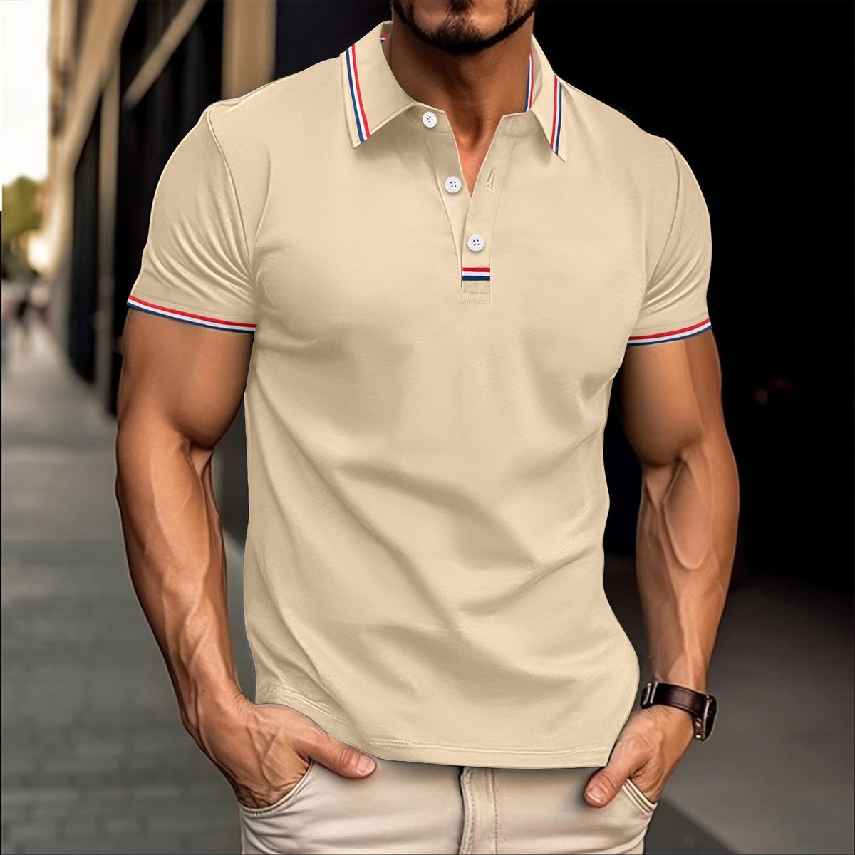 Men's Clothing Men's Casual Short Sleeve Shirt With Placket Stripes & Button Front - Breathable Polyester Blend, Relaxed Fit, Solid Colors For Summer_viptrois.com
