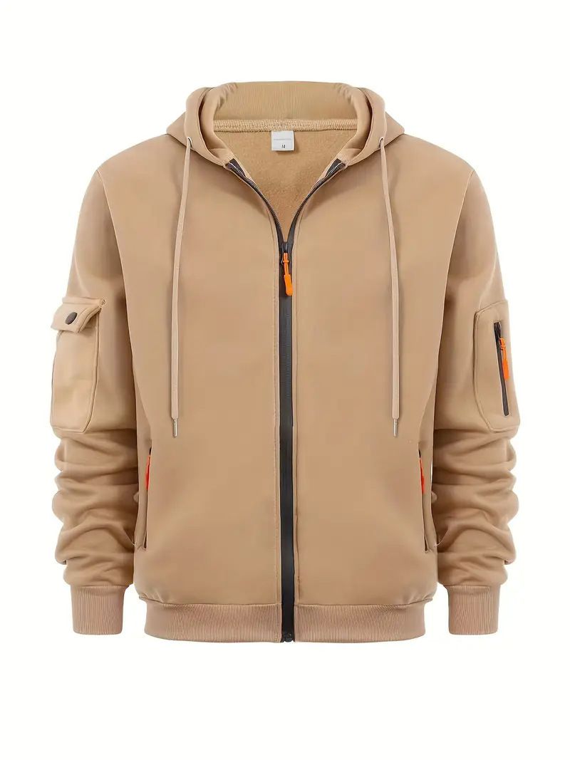 Men's Fashion Zip-Up Hoodie With Arm Pockets – Winter Casual Sports Jacket For Men, Warm Fleece Lining, Loose Fit, Stylish Streetwear_viptrois.com