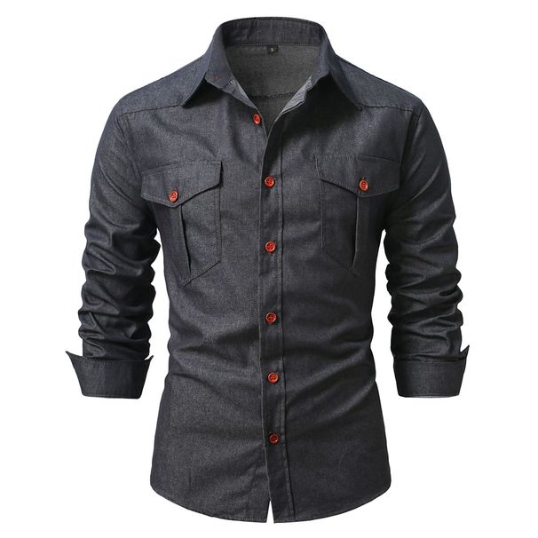 Men's Clothing Men's Clothing Men's New Double Pocket Denim Long Sleeved Shirt Men's Casual Work Shirt_viptrois.com