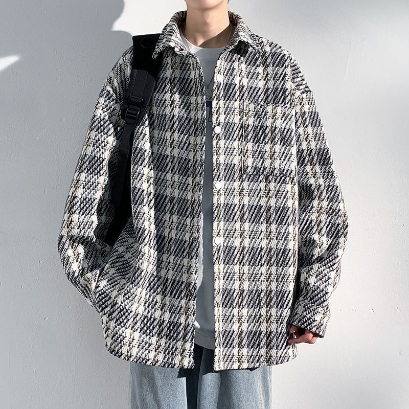 Xiaoxiangfeng Jacket Men's Spring And Autumn High-end Sense American Trend High Street Men's Black And White Plaid Shirt Jacket Clothes_viptrois.com