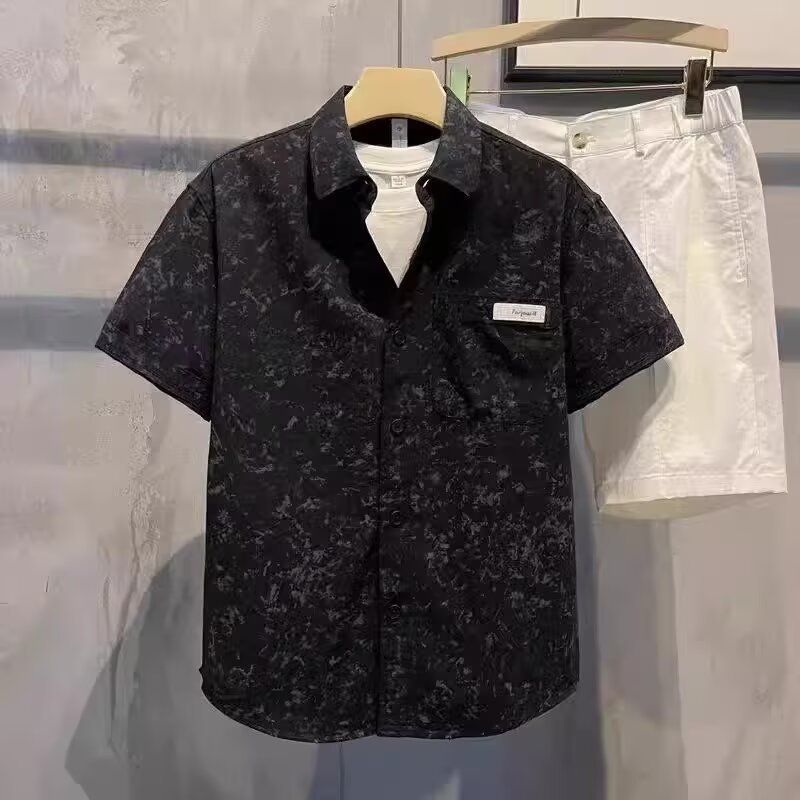 Men's Clothing Printed Ink Splashed Ice Silk Beach Short Sleeved Shirt Men's Summer Thin Loose Half Sleeved Shirt Jacket_viptrois.com
