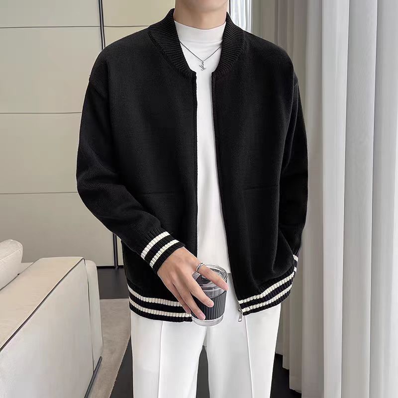 Autumn And Winter Fashion Casual Loose Sweater, Simple Striped Splicing Zipper Knit Cardigan_viptrois.com