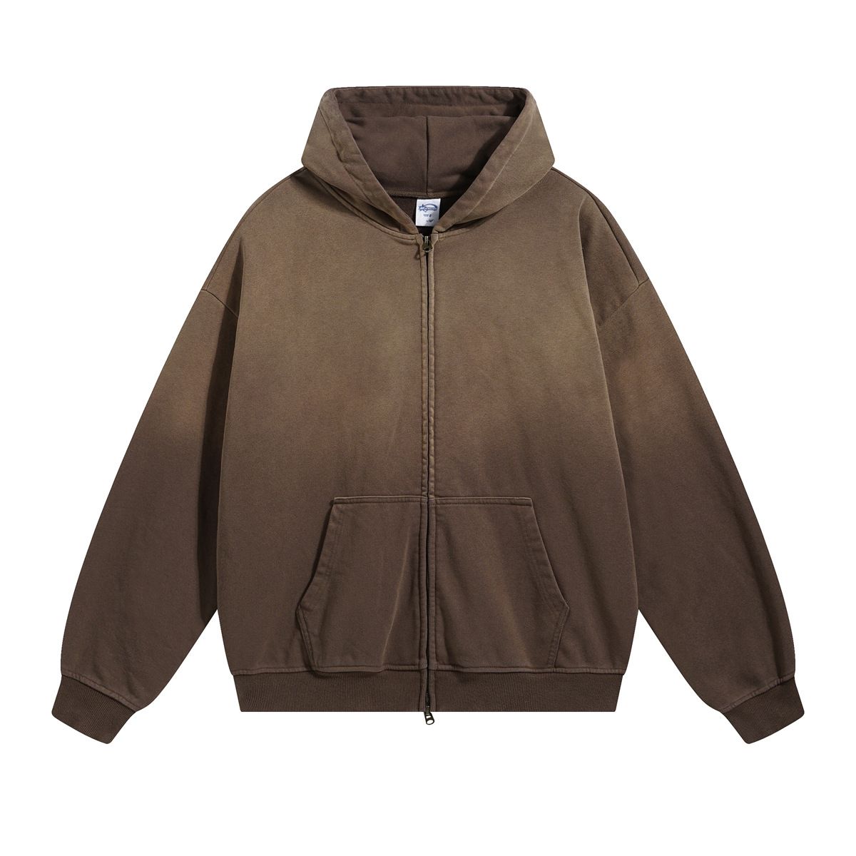 Heavyweight 450G Washed-Dye Hoodie – Vintage-Inspired Zip-Up Sweatshirt With Mouse Pocket & Faded Ombre_viptrois.com