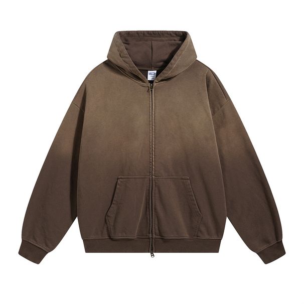Heavyweight 450G Washed-Dye Hoodie – Vintage-Inspired Zip-Up Sweatshirt With Mouse Pocket & Faded Ombre_viptrois.com