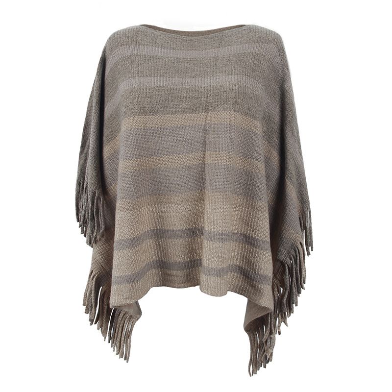 One-line collar tassel cape lady's striped cape coat_viptrois.com