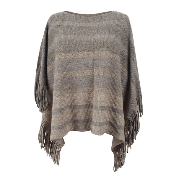 One-line collar tassel cape lady's striped cape coat_viptrois.com
