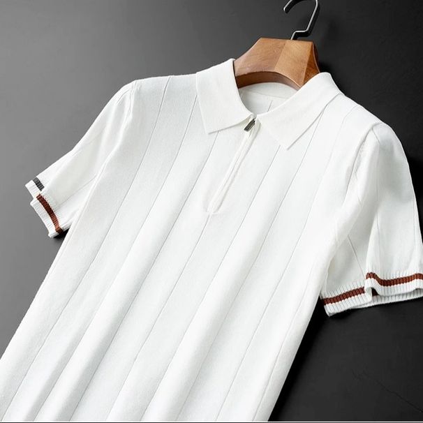 Men's Clothing Lapel Short Sleeved Polo Shirt Men's Trendy Brand Summer All Match Knitted Half Zip Top_viptrois.com