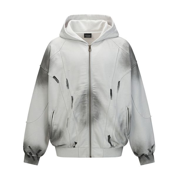 Wasteland Style Ink Splash Dirty Hoodie Men's Deconstructed Design Spray Paint Distressed Zipper Pocket Loose Jacket_viptrois.com