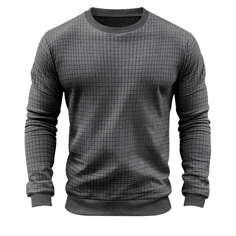 Men's Spring And Autumn Winter Waffle Round Neck Long Sleeved T Shirt Men's Small Square Casual Bottom_viptrois.com