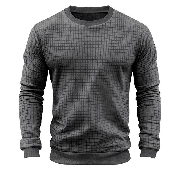 Men's Spring And Autumn Winter Waffle Round Neck Long Sleeved T Shirt Men's Small Square Casual Bottom_viptrois.com