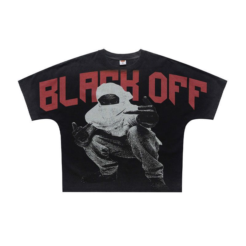 American-style Washed Distressed Short T-shirt With All-over Oversized Print Design And One-piece Raglan Cut_viptrois.com