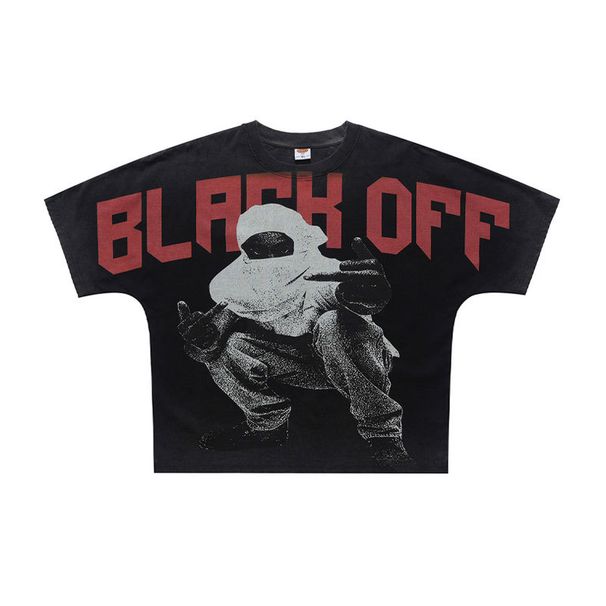 American-style Washed Distressed Short T-shirt With All-over Oversized Print Design And One-piece Raglan Cut_viptrois.com