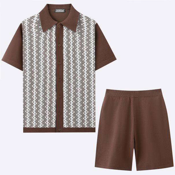 Men's Clothing Casual Jacquard Sweater Suit Cardigan Knitted Short Sleeved Shorts Two Piece Suit_viptrois.com