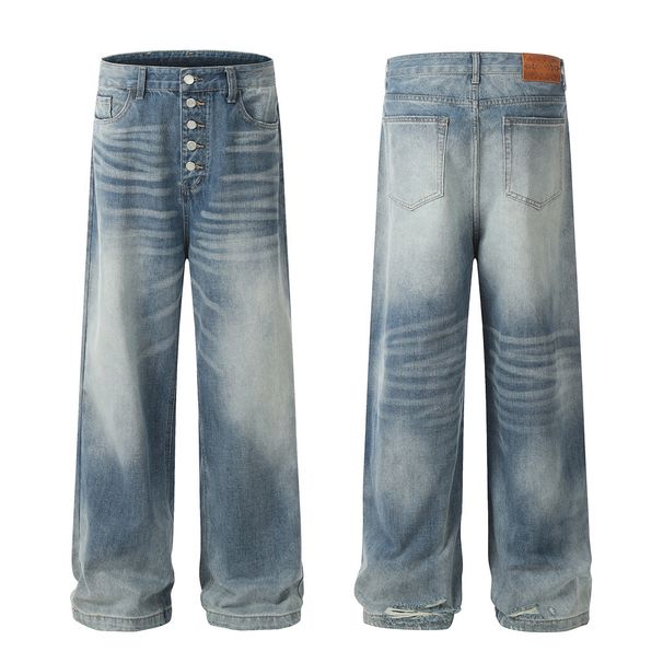 Gradient Washed Denim Wide-Leg Men's Trendy Punk Vintage Button Front Design Ripped Loose Straight Pants_viptrois.com