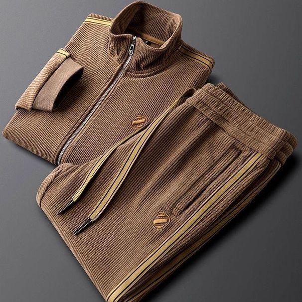 2025 Light luxury autumn and winter warm pure color casual sports suit slim fit trendy jacket men's straight striped f8b8_viptrois.com