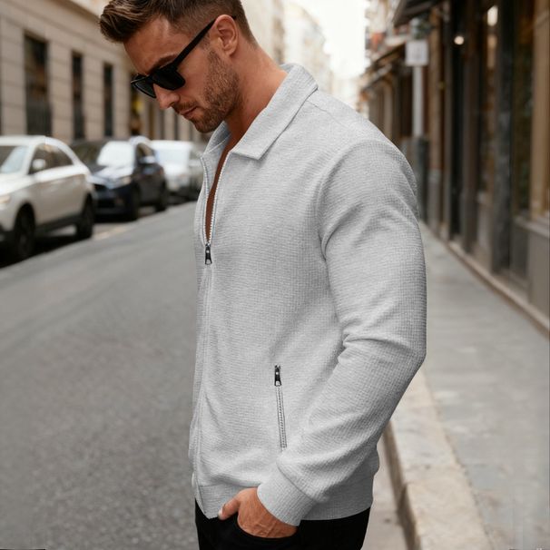 Men’s Heavyweight Waffle-Knit Cardigan Jacket – Zippered Pockets & Lapel Collar (Black/White/Blue/Khaki, S-XXXL)_viptrois.com