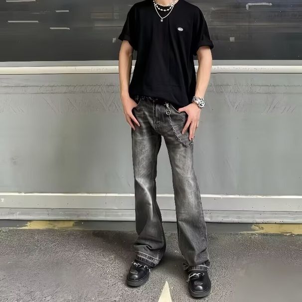 American Washed Vintage Jeans For Men's Autumn New High Street Trendy Brand Cleanfit Straight Leg Micro Flared Pants_viptrois.com