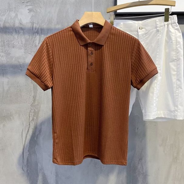 Men's Clothing Poio Shirt Solid Color Short Sleeved Lapel Sweater Slim Tops Ribbed Casual All Match Shirt_viptrois.com