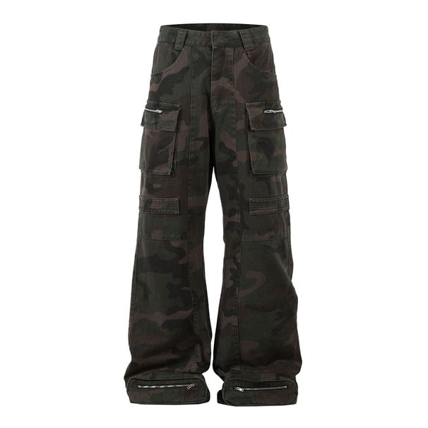 American High Street Workwear Camouflage Loose Wide-Leg Men's With Zipper Pockets Unique Design Niche Denim Straight-Leg_viptrois.com