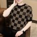 High End European Knitted Short Sleeved Men's 2025 Summer New Style Checkered Printed Hot Diamond Ice Silk T-shirt Round_viptrois.com