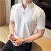 Men's Clothing The New Men's Elastic V Neck Short Sleeved Polo Shirt Light Luxury Texture Dark Stripes Ice Silk Seamless Lapel T Shirt_viptrois.com