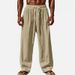 Men's Clothing Cotton And Linen Solid Color Drawstring Elastic Waist Daily Casual Breathable Straight Trousers_viptrois.com
