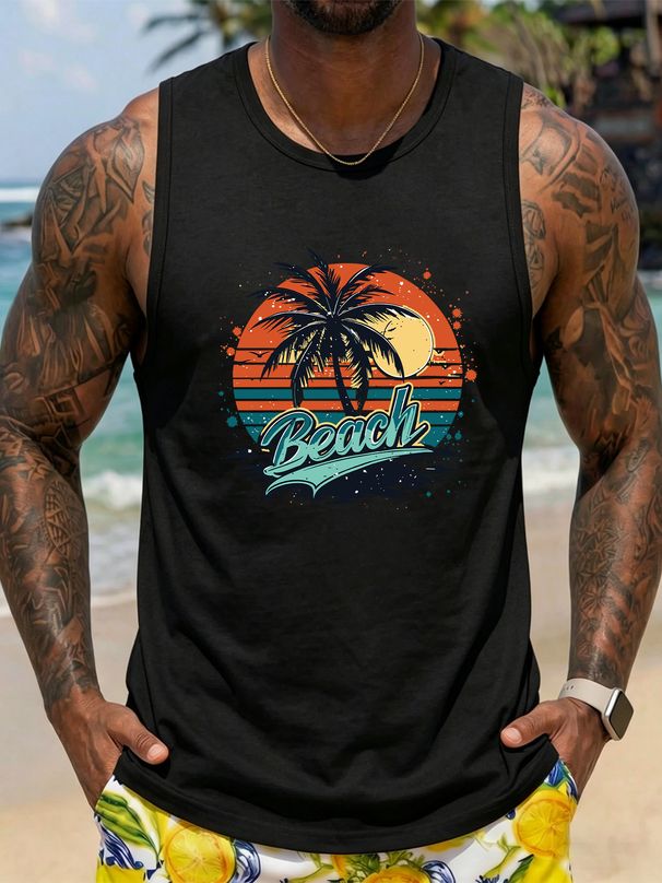 Canotta Uomo Girocollo 100% Cotone Stampa Motivo Spiaggia Semplice Traspirante Senza Maniche Vacanze Mare Casual Multicolore_viptrois.com