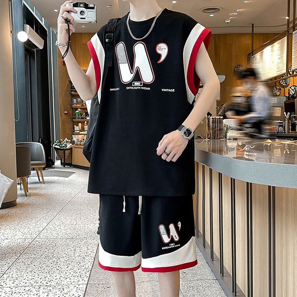 Men's Clothing Men's Sports Casual Summer Suit Loose Shorts Two Piece Suit Trendy Men's Summer Suit_viptrois.com