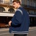 Men's Fleece-Lined Baseball Jacket With Stand Collar – Streetwear Hybrid For Urban Athletes (Contrast Sleeve Panels & Zippered Pockets)_viptrois.com