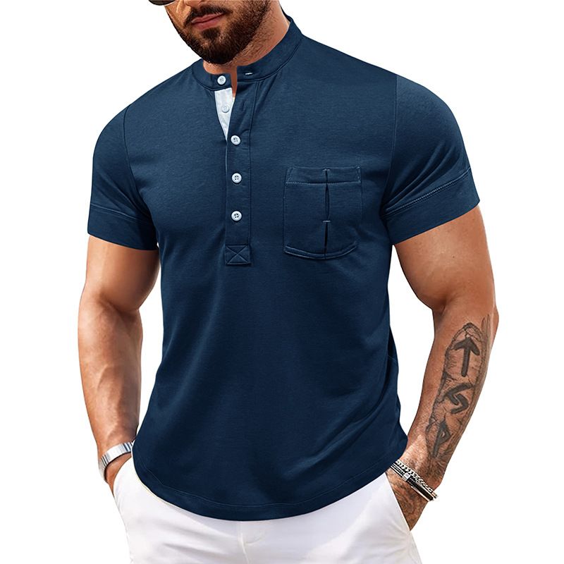 Men's Clothing Men's Outdoor Round Neck Open Tube Henry Short Sleeve Bottom T Shirt Pocket Men's Polo Shirt_viptrois.com