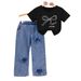 Mother & Kids Children's ClothingGirls' Butterfly Print Black Short Sleeve T Shirt And Jeans Set New_viptrois.com