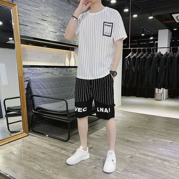 Summer Ice Silk Short Sleeved Handsome Casual Sports T-shirt Shorts Two-piece Set Vertical Striped Youth Men's Clothing_viptrois.com