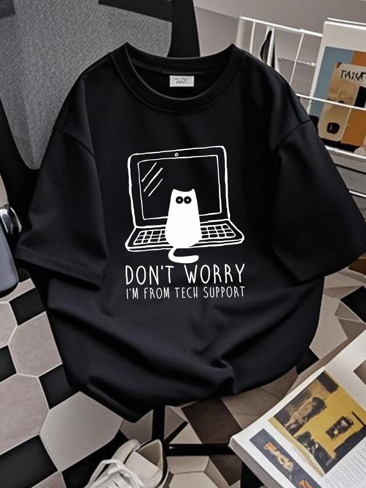 Cat Don't Worry I'm From Tech Support Geek Gamer T Shirt Top Tee Unisex 3909 Stretched Graphic Breathable Top For Everyday Wear Slightly Versatile_viptrois.com