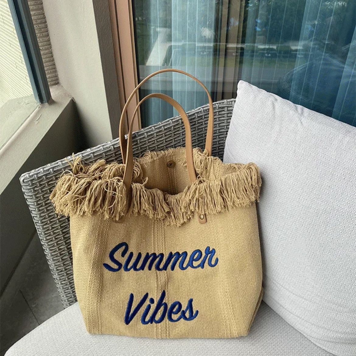 Women's Shoulder Bags Large-capacity Bags, Canvas Bags, Embroidered Letter Tote Bags, Handbags, Women's Bags, Woven Beach Bags_viptrois.com