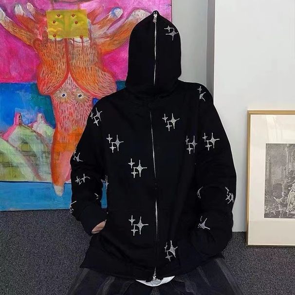 2022 New Autumn Loose Top For Men Women With Star Rhinestones And Zipper Y2K Sweatshirt_viptrois.com
