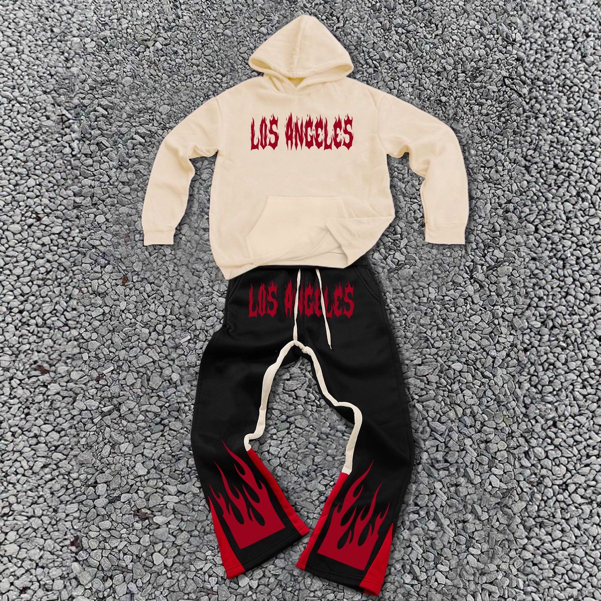 Flame Streetwear Set – Hooded Sweatshirt & Jogger Pants (100% Polyester, Black/Red Ember Print, Unisex Oversized Fit, Gym To Street)_viptrois.com