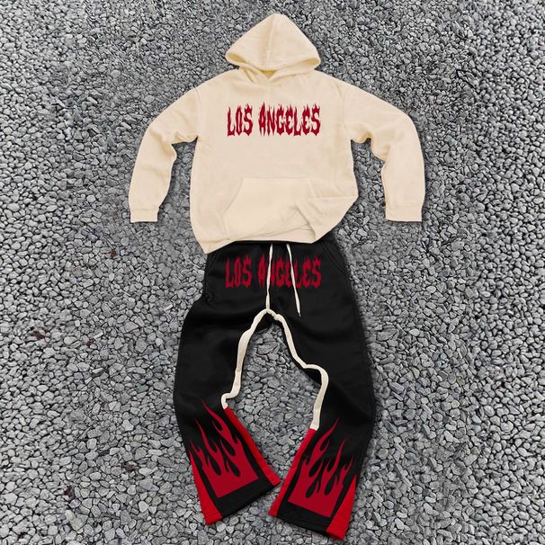 Flame Streetwear Set – Hooded Sweatshirt & Jogger Pants (100% Polyester, Black/Red Ember Print, Unisex Oversized Fit, Gym To Street)_viptrois.com