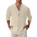 Men's Clothing Casual Beach Style Stand Up Collar Shirt Fashion V Neck Solid Color Tie Dyed Long Sleeved Cotton And Linen Shirt_viptrois.com